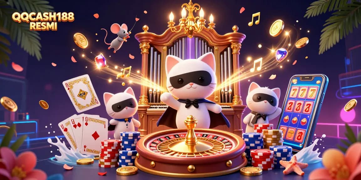 Experience QQCASH188 RESMI with this engaging 3D casino illustration packed with gold coins and gaming elements.