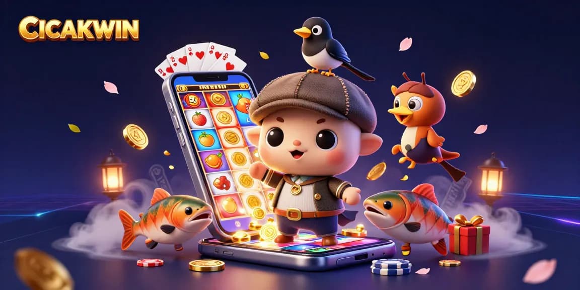 CICAKWIN captures excitement with a vibrant slot scene featuring adorable Nessie and friends surrounded by colorful game elements.