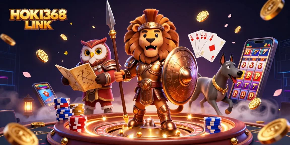 Engage with HOKI368 LINK in a vibrant casino-themed scene with characters, golden coins, and thrilling game elements.