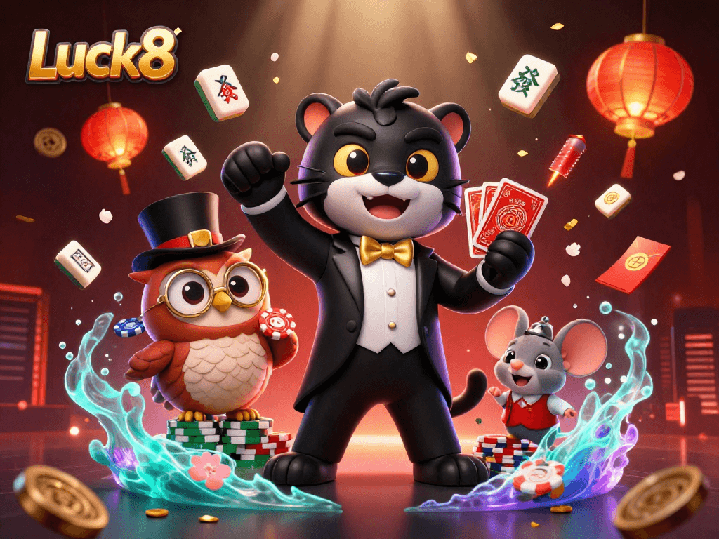 Luck8's stylish black panther deals cards elegantly, surrounded by a fun casino scene.