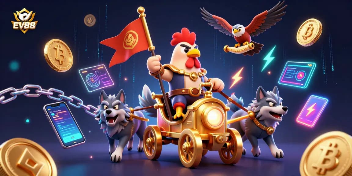 Join the excitement at EV88 with dynamic gaming and crypto elements in a vibrant illustration.