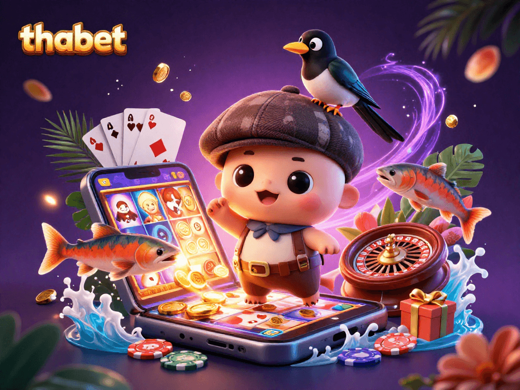 Engage with thabet's thrilling slot games in a vibrant casino scene with Nessie and friends.