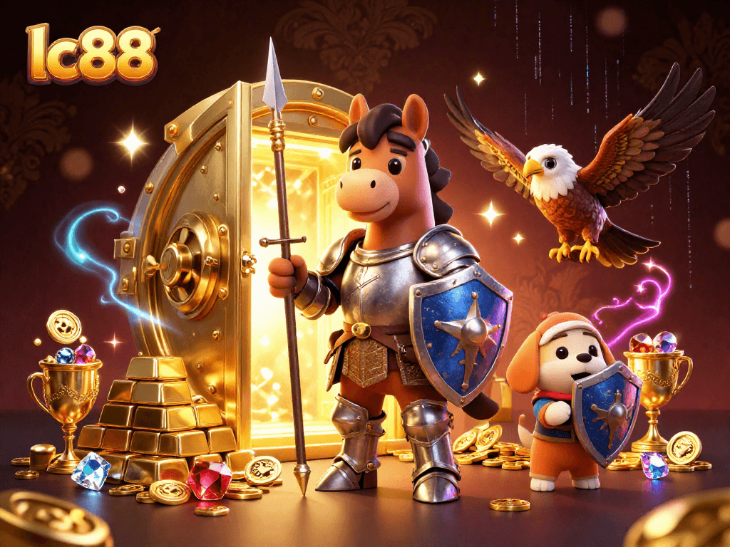 Experience gaming excitement at lc88 with a medieval knight, treasure vaults, and gold gems surrounding them.