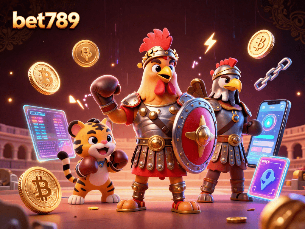 Engage with bet789 in a vibrant 3D casino scene featuring characters and crypto elements.