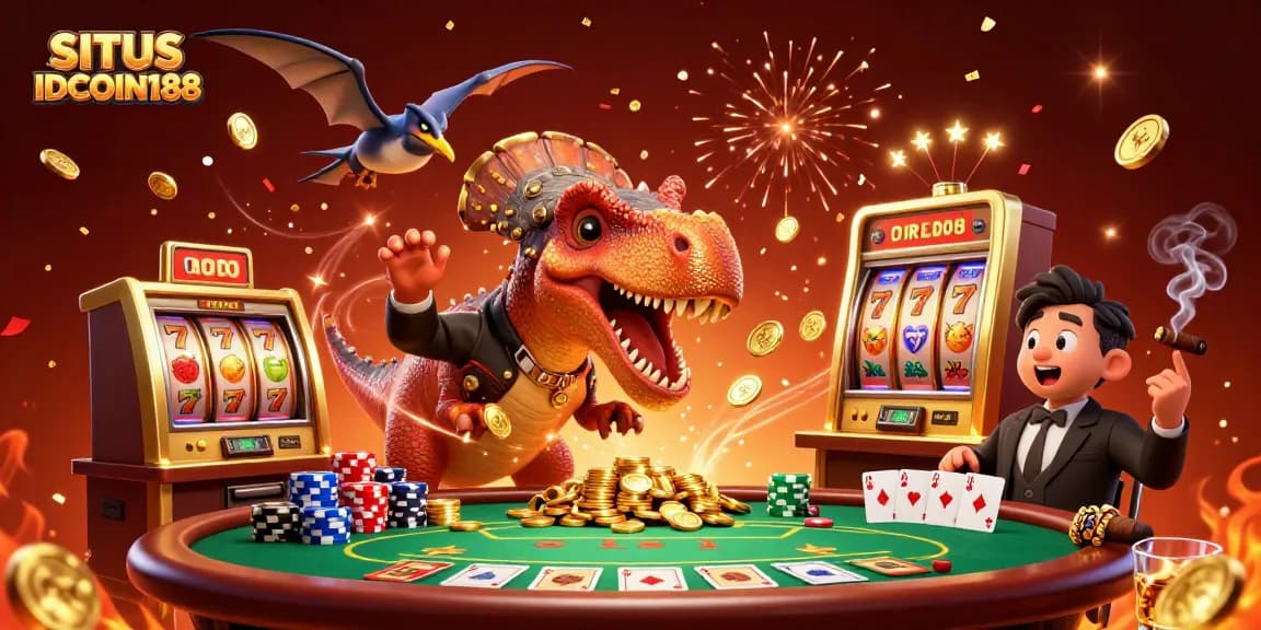 SITUS IDCOIN188 celebrates with a cartoon pachycephalosaurus winning jackpots and vibrant casino elements.