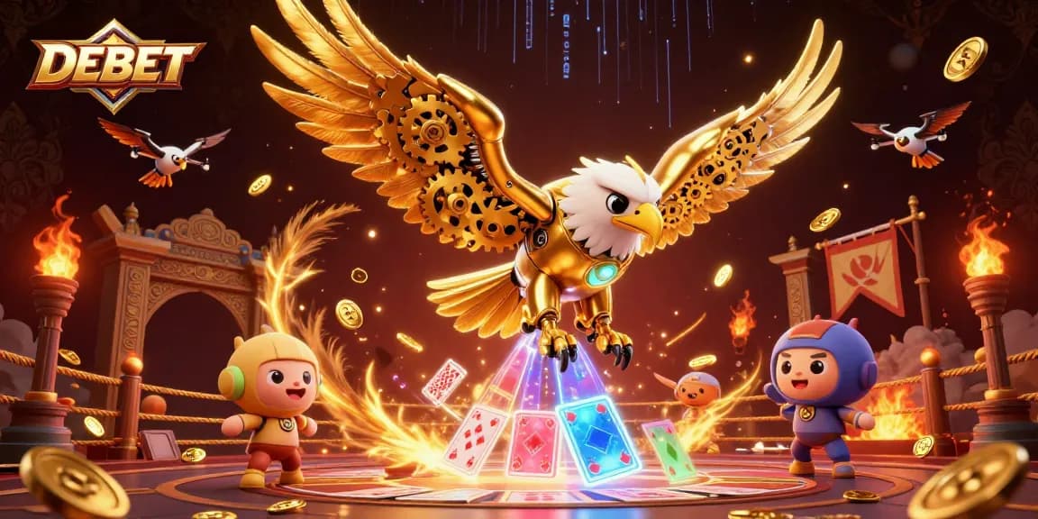 Engage in thrilling DEBET gaming with a cybernetic eagle amidst dramatic casino elements.