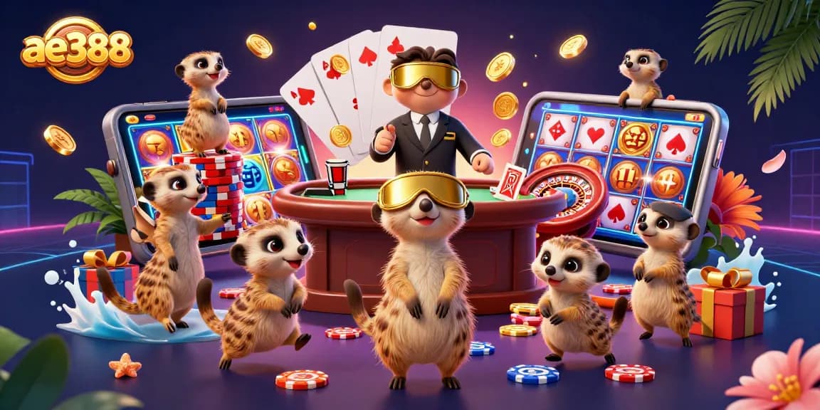 Experience the thrill of ae388 casino with meerkats in a colorful slot game scene.
