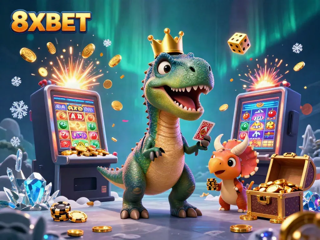 Engage with 8XBET's thrilling slots as T-Rex and friends celebrate a jackpot explosion with dynamic casino elements!
