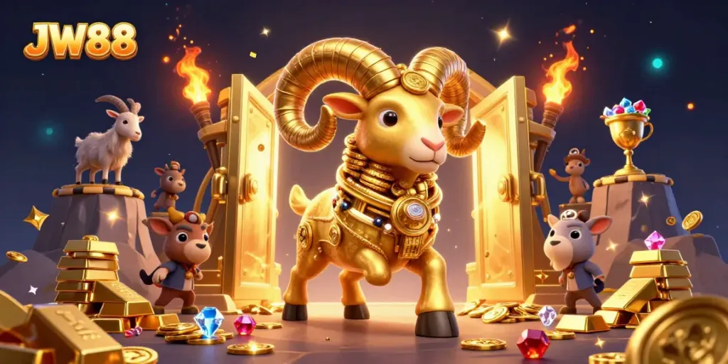 Experience thrilling adventures with JW88, a dynamic 3D illustration showcasing a golden ram charging through a treasure-filled gate.