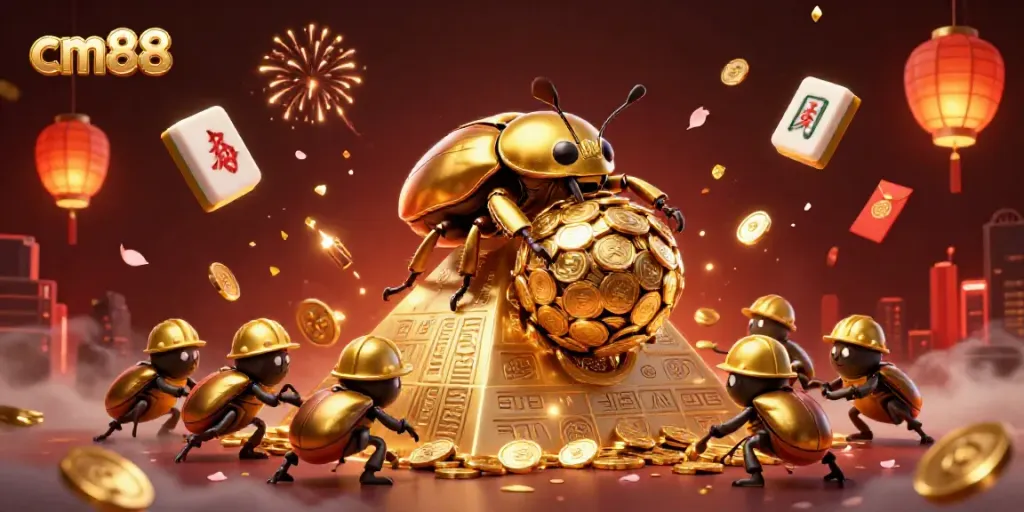Engage with the vibrant cm88 online casino experience through golden coins and playful beetles.