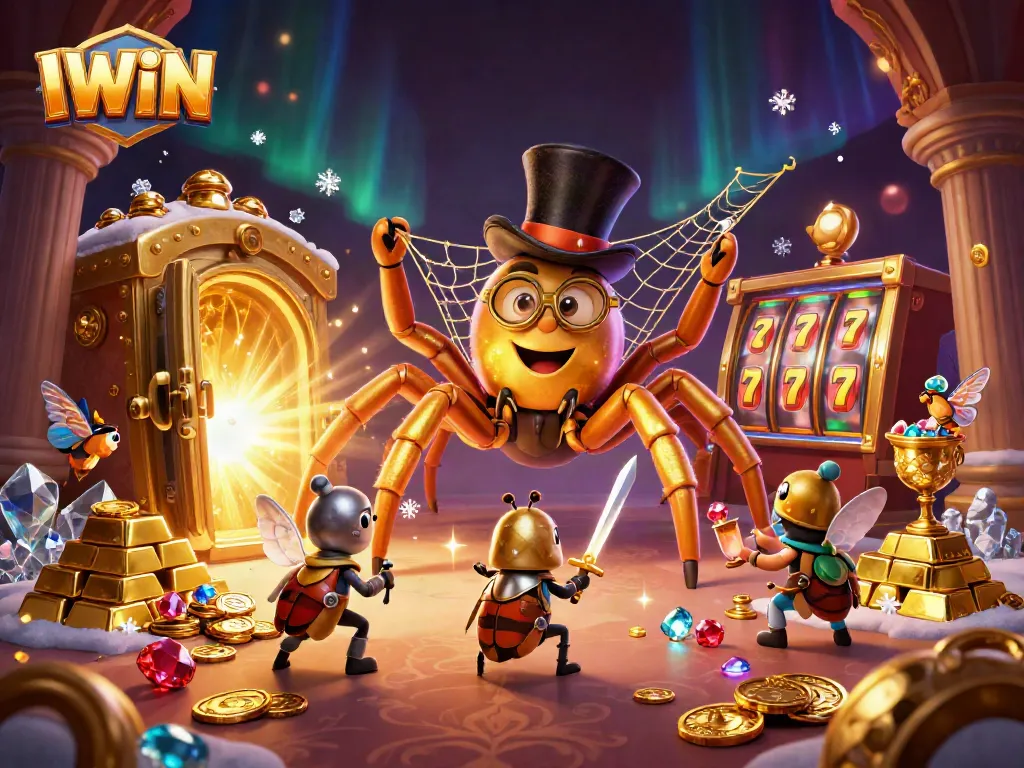IWIN showcases a thrilling casino scene with a golden tarantula and knight engaging in action.