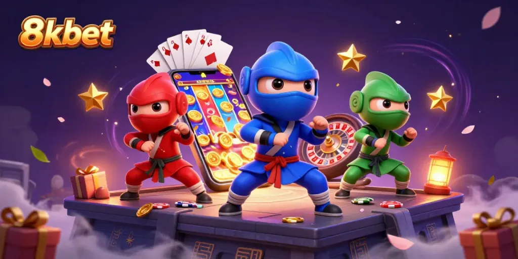 Synchronized martial arts poses of 8xbet's ninja chameleons amidst vibrant casino elements.