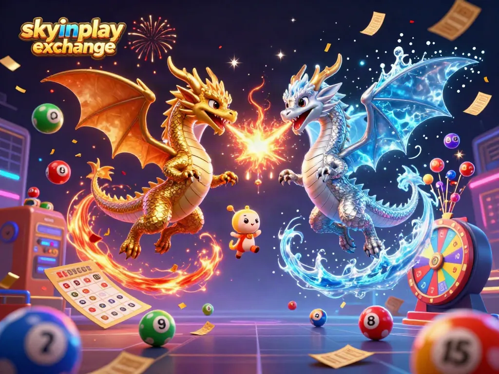 Experience the excitement of skyinplay exchange amidst dazzling dragons, lottery balls, and vibrant gaming elements.