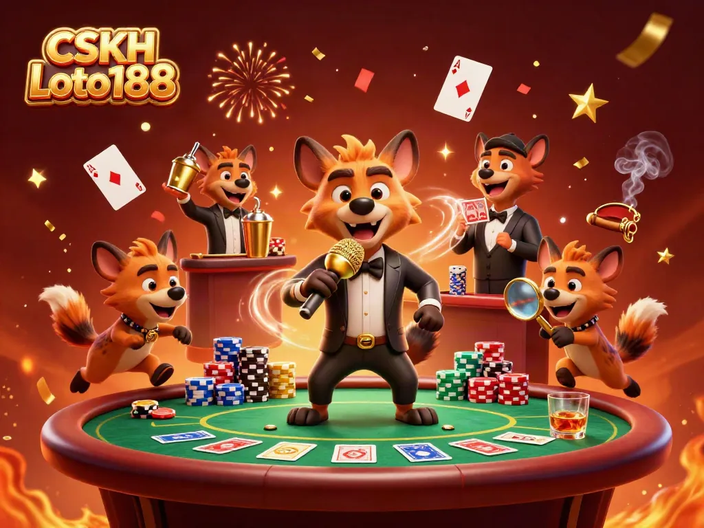 Engage with CSKH Loto188 in a vibrant casino atmosphere featuring hyenas in comedic roles.