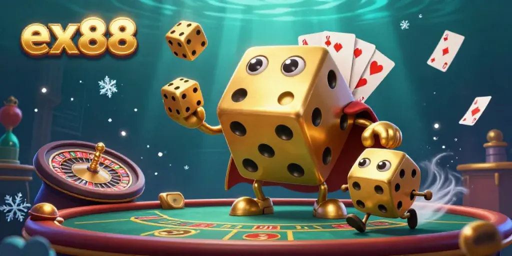Play and win at live casino games with ex88 featuring vibrant 3D illustration of a golden dice golem.