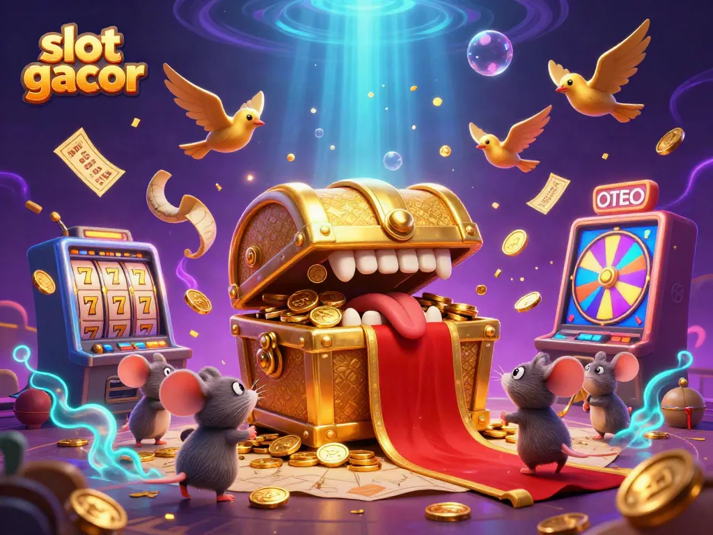 Engage with the excitement of slot gacor as golden treasures and animated characters create a vibrant casino scene.