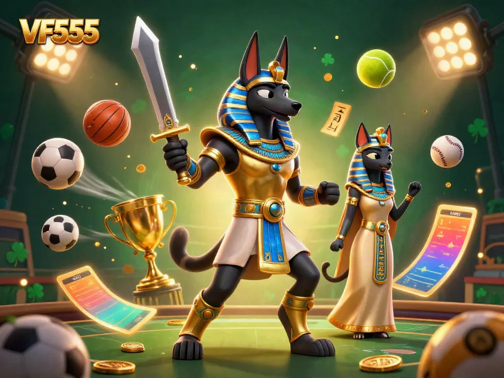 Place bets on sports with the VF555 inspired 3D illustration featuring Anubis and Bastet in a dynamic casino scene.