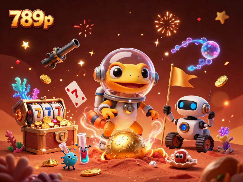 Engage in 789p's thrilling casino experience with a cheerful Martian gecko and vibrant game elements.