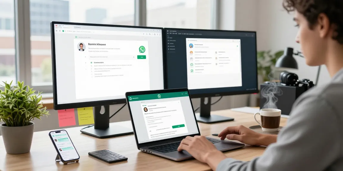 User engaged with WhatsApp網頁版 on laptop in a modern workspace, displaying messaging and notifications.