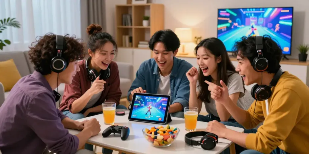 Friends playing 3 Patti no1 in a lively living room, enjoying snacks and laughter.