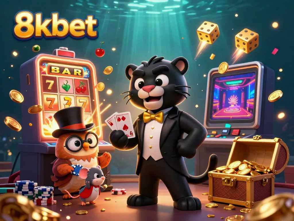 Play exciting games at 8kbet with stylish characters in a festive casino scene filled with vibrant colors and energy.