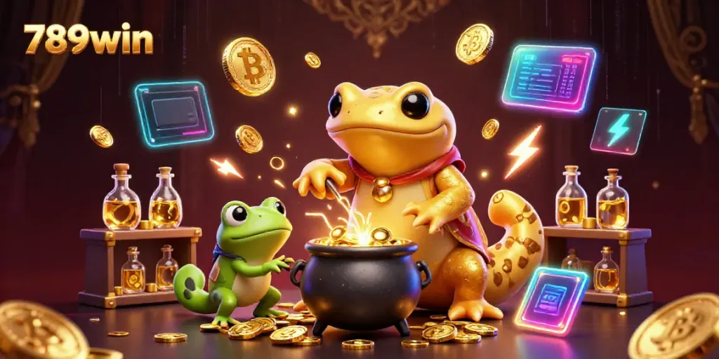 Experience 789win's magical world with a golden salamander alchemist transmuting metals into gold coins.