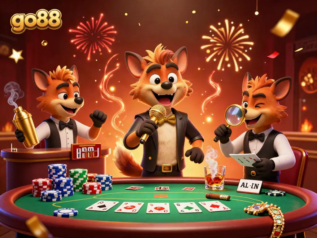Join the go88 hyena crew in a dynamic casino scene featuring poker, cocktails, and comedy.