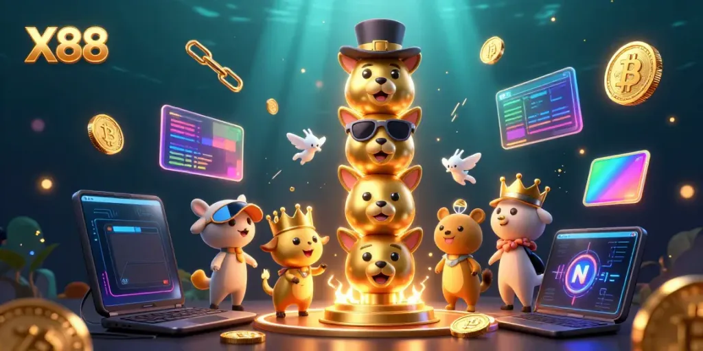 Experience the captivating world of X88 with a vibrant casino-themed illustration featuring animated elements.