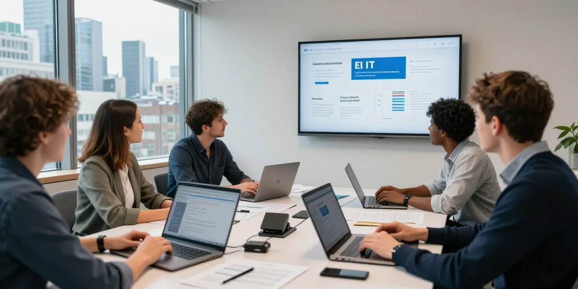 London business IT support team collaborating on solutions in modern office setting