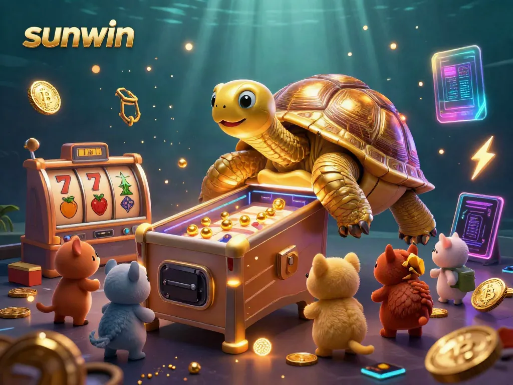 Experience the excitement at Sunwin with a colossal pinball tortoise and vibrant gaming elements.