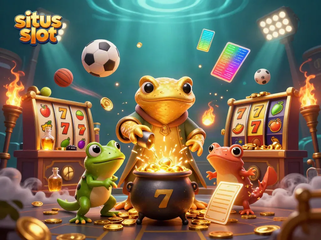 Engage in situs slot gaming action with 3D characters illustrating a magical laboratory filled with gold and sports elements.