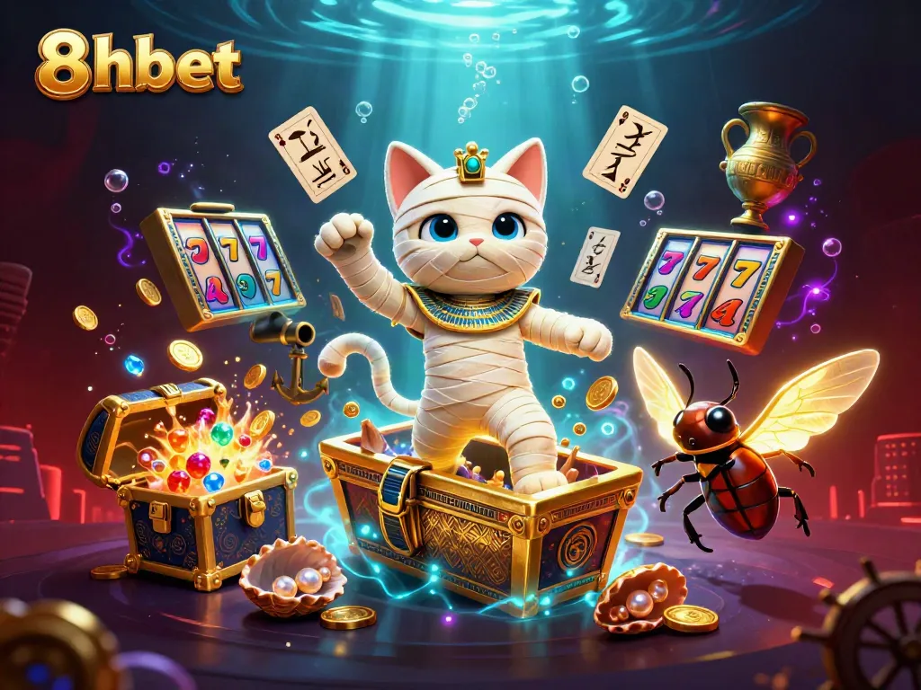 Experience the thrill of 8xbet with a vibrant 3D casino scene featuring an Egyptian mummy cat and a scarab beetle.