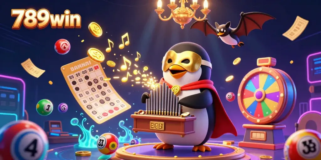 Engage with the vibrant atmosphere of 789win's online gaming world as a penguin organist generates golden coins.