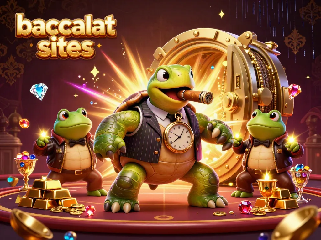 Experience the thrill of baccarat sites with a vibrant 3D cartoon scene featuring a mobster turtle and bullfrog enforcers amidst a sparkling casino.