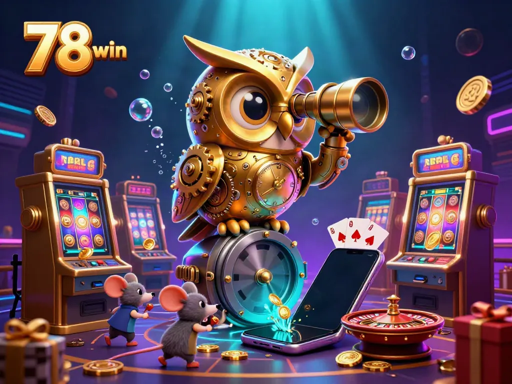 Experience the thrill of 78 win with a magical owl surveying a vibrant casino scene filled with excitement.