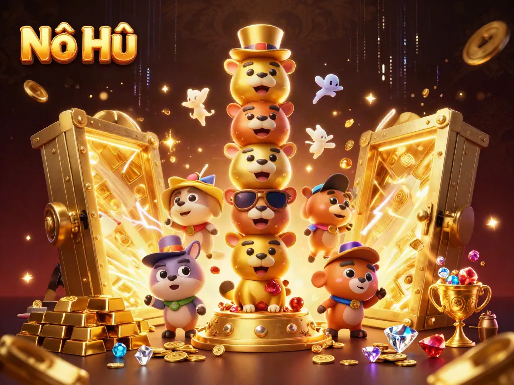 Experience thrilling wins with Nổ Hũ in this vibrant casino-themed illustration filled with treasures.