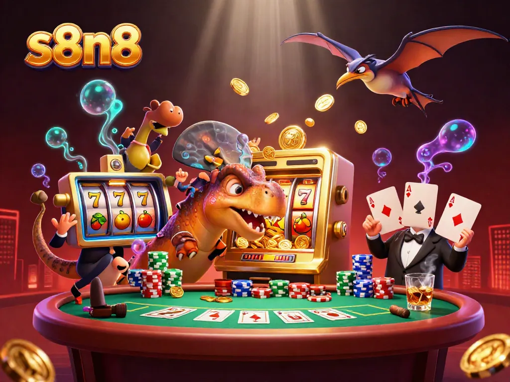 Engage in thrilling gameplay with S8N8's vibrant 3D casino scene featuring animated characters, slot machines, and poker elements.