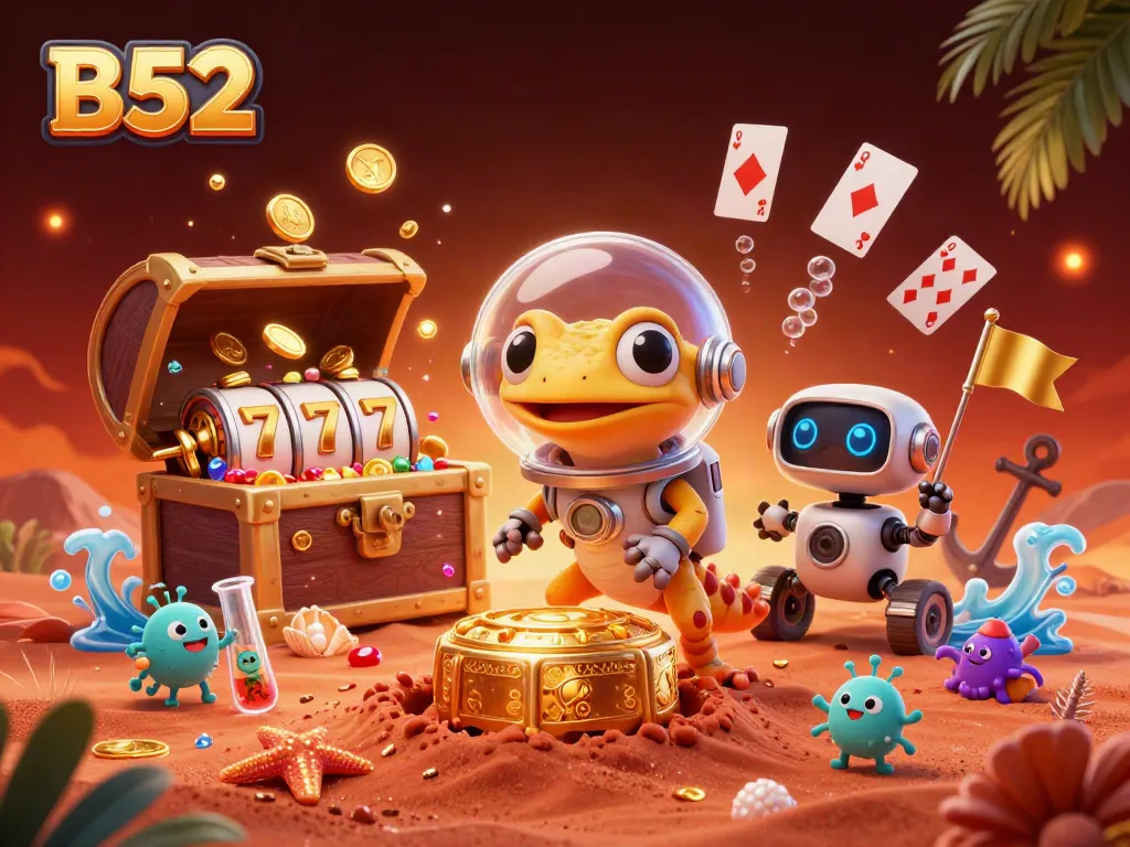 Experience B52 gaming excitement with a Martian gecko discovering a golden casino.