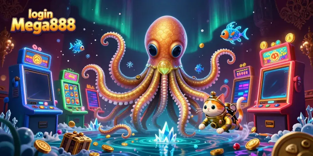 Spin the reels with login Mega888 in an immersive underwater casino themed scene.