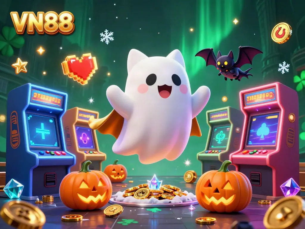 The VN88 ghost cat entertains players in a haunted casino filled with vibrant slot machines and game elements.
