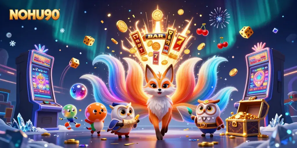 Experience the vibrant gaming world of NOHU90 with a colorful nine-tailed fox and dynamic slot machine action.