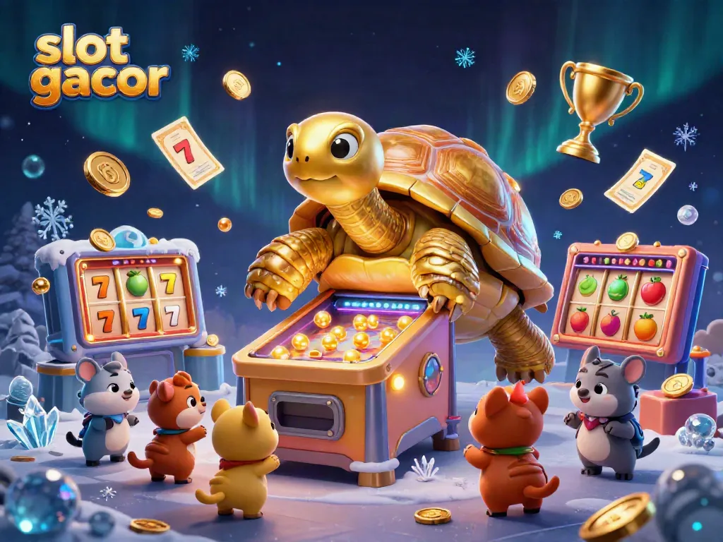 Experience excitement with slot gacor as animated golden tortoise and animals engage in thrilling gameplay.