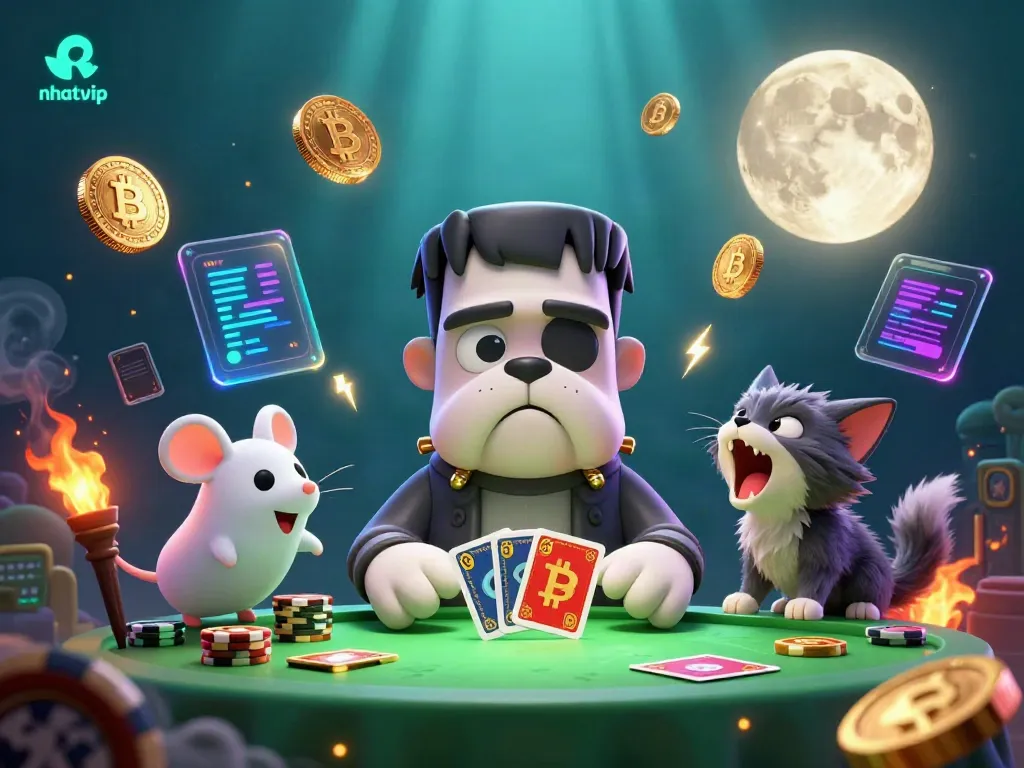 Engage in thrilling card play at Nhatvip's spooky casino table featuring a Frankenstein bulldog and ghost mouse.