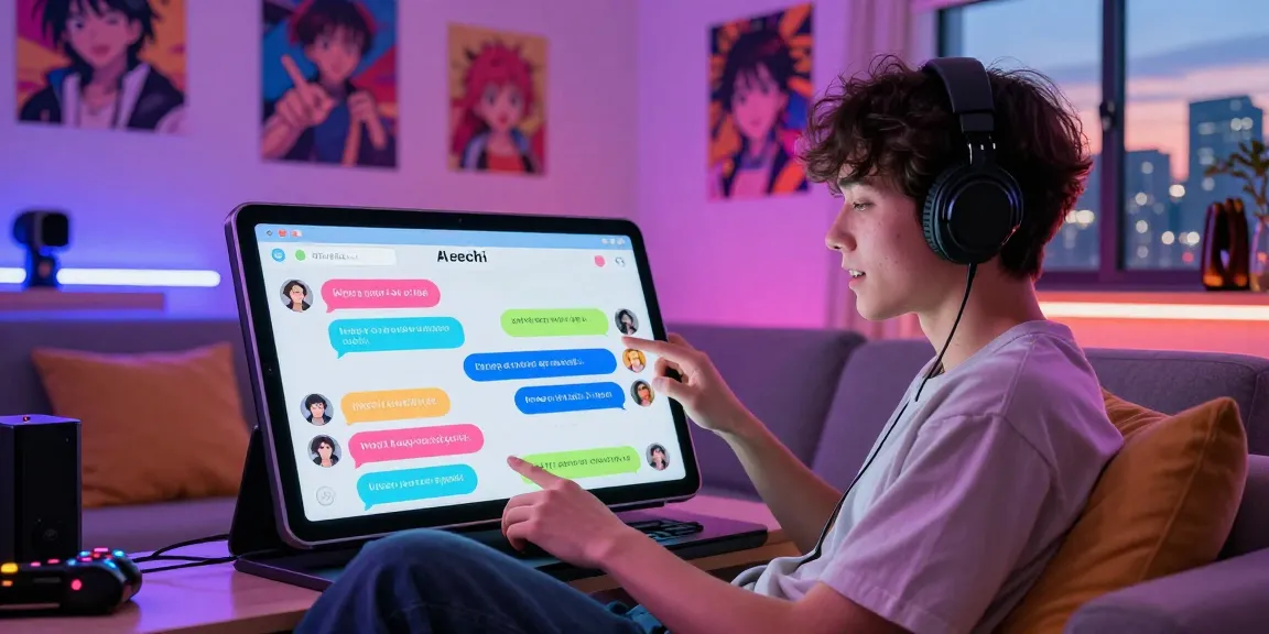 Engaging AI ecchi chat scene with colorful characters and a user immersed in a lively digital conversation.