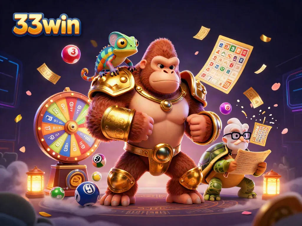 Engage in 33win's thrilling lottery action with vibrant colorful elements and charismatic characters!
