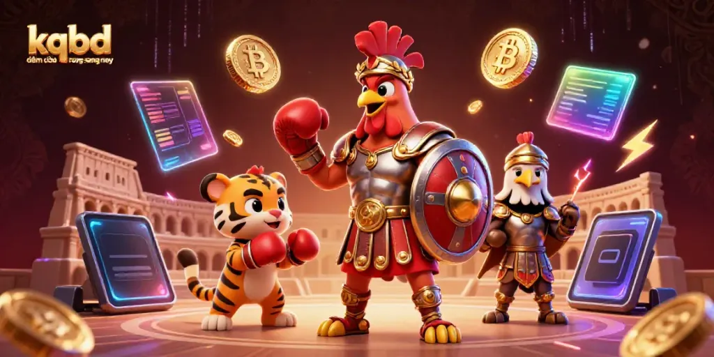 View the captivating kqbd đêm qua va rang sang nay scene with a gladiator rooster amidst vibrant crypto elements.