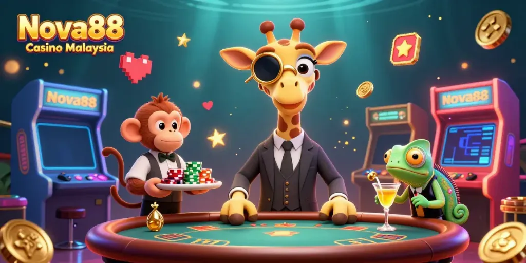 Engage in thrilling gameplay at Nova88 Casino Malaysia with a vibrant 3D illustration of our unique characters amidst casino excitement.