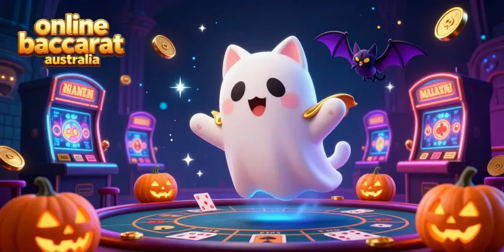 Play thrilling online baccarat Australia with an excited ghost cat and bat in a vibrant casino scene.