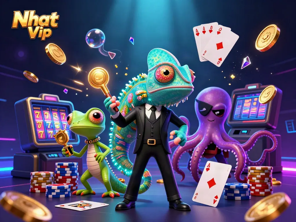 Nhat Vip card game action with colorful characters amidst cascading coins and poker chips.