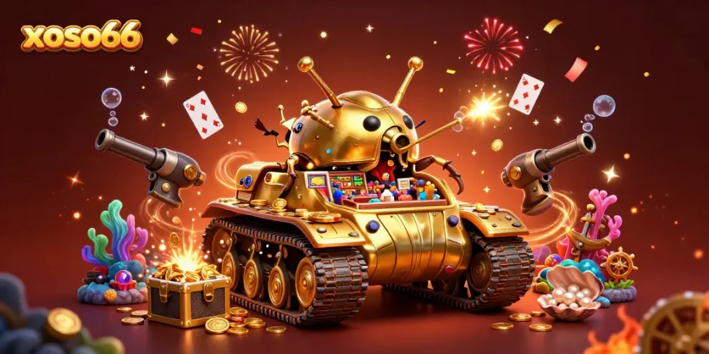 Explore exciting games at xoso66 with a lavish 3D casino scene bursting with action and treasures.